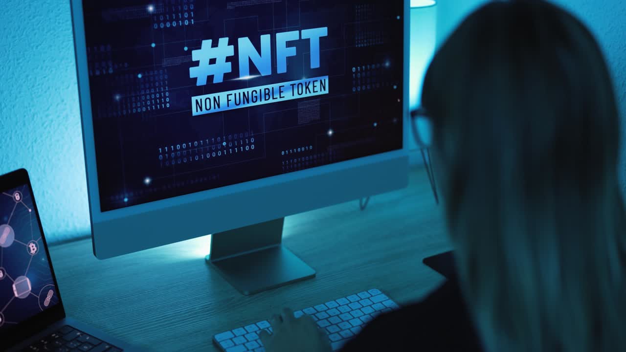 Young woman buying NFT on Blockchain market - New Technology Token Concept