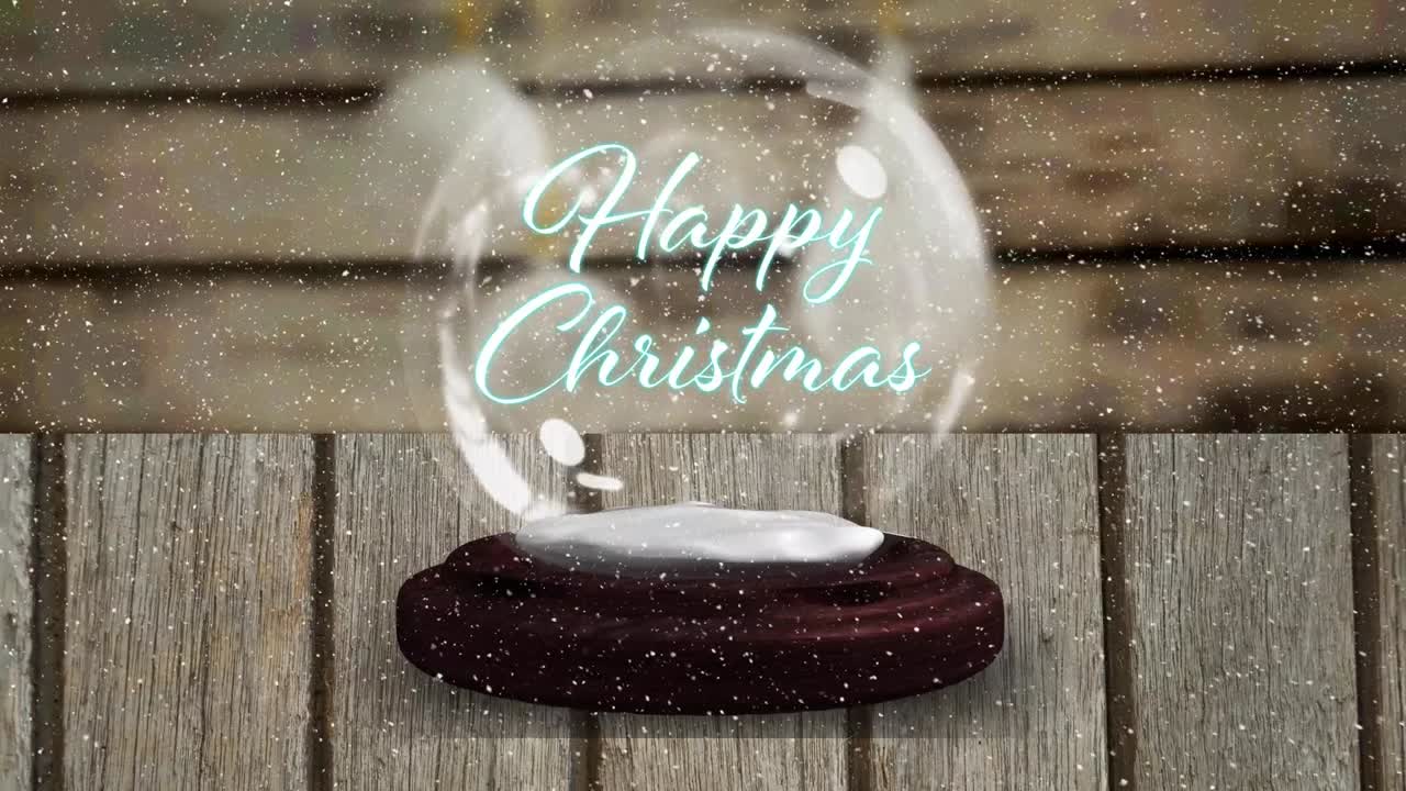 나무 테이블 에 있는 눈 구석 에 있는 행복 한 크리스마스 텍스트 의 애니메이션