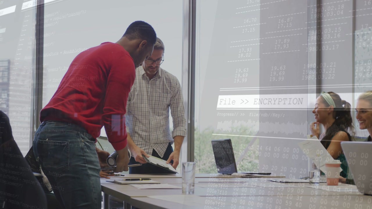 Colleagues rising, joining at table, man inspecting documents, red person opening binder for review