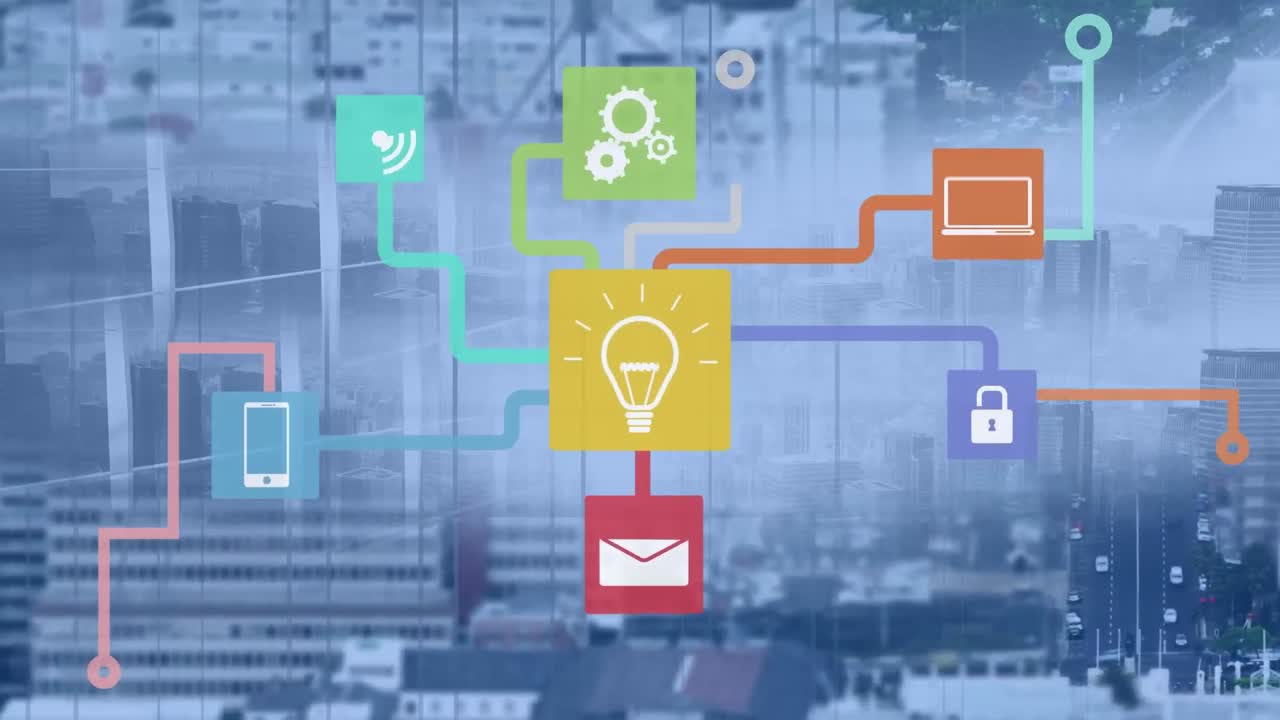 Animation of media icons over cityscape