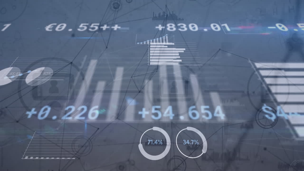animación de múltiples gráficos y números, gráficos conectados y tecnología inalámbrica en diagramas de flujo