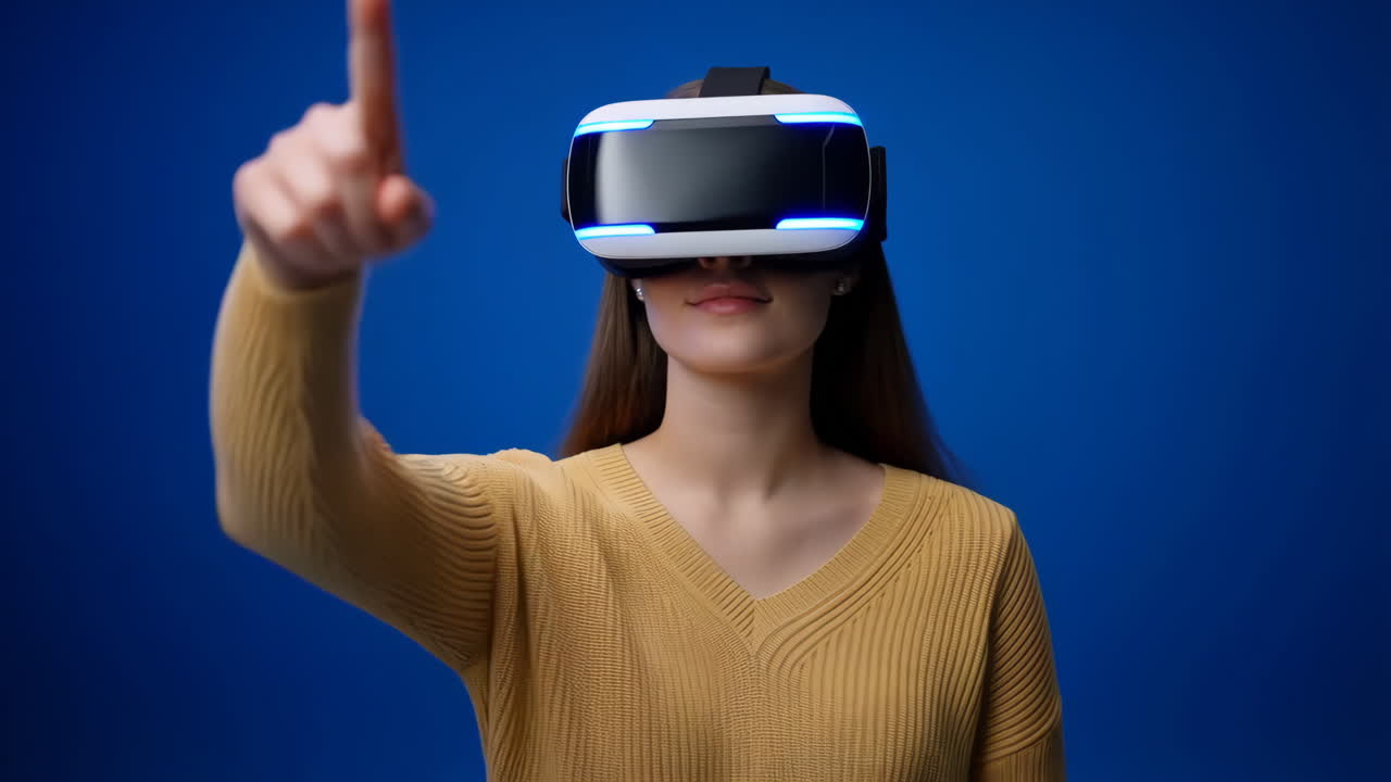 Young woman wearing a VR headset and pointing forward
