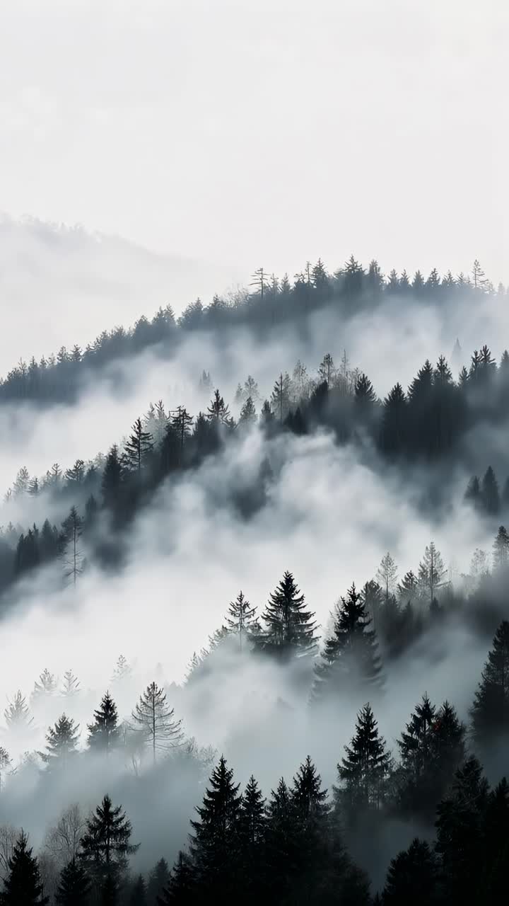 Aerial view of misty forested hills, creating a serene, ethereal atmosphere