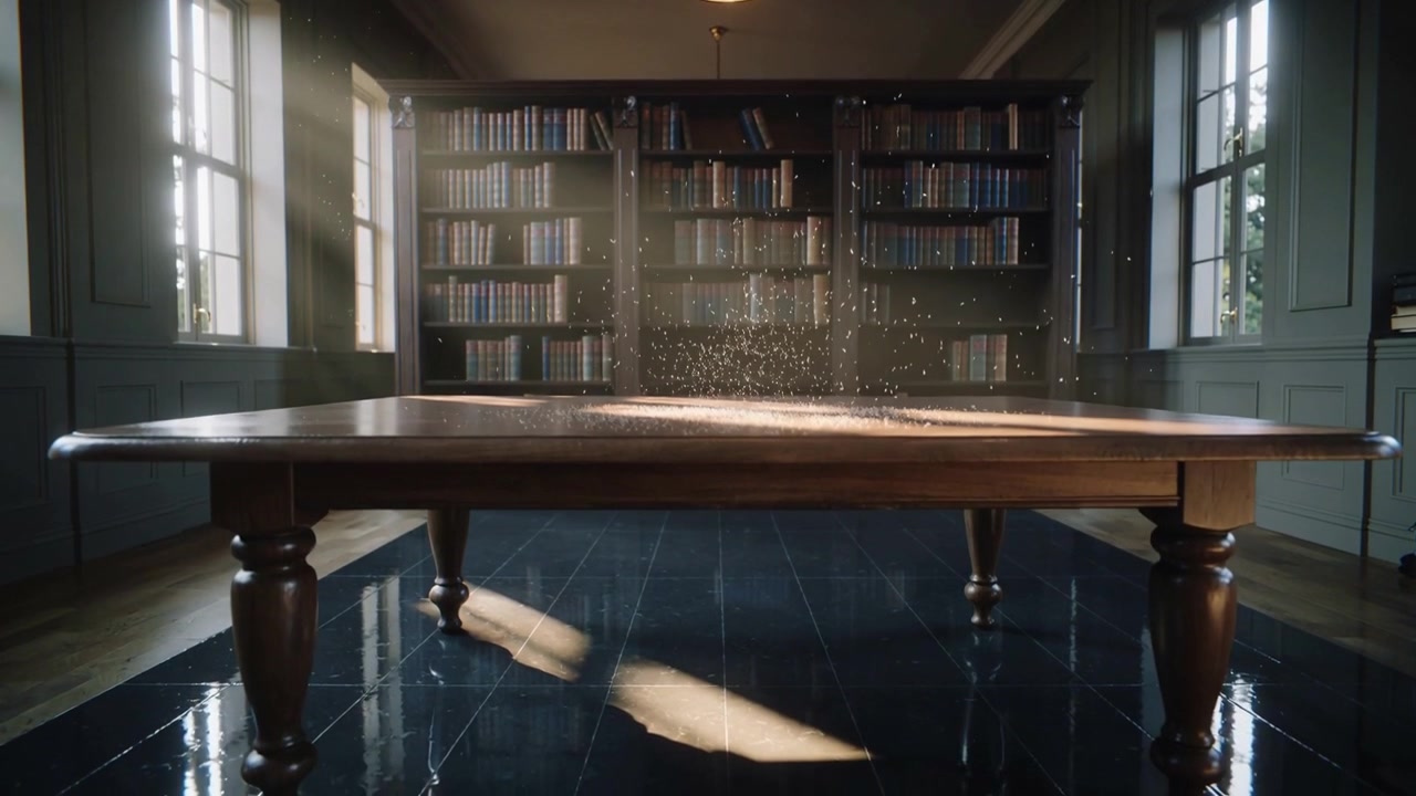 Sunlight streaming through tall windows lifting dust motes above polished wooden table, bookshelf