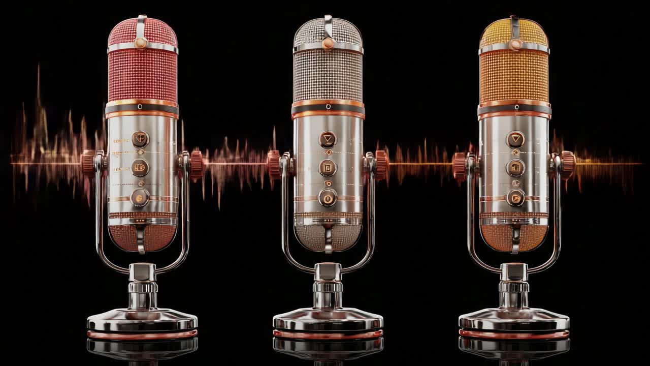 A Stunning Display of Vintage Microphones Capturing Sound Waves, Showcasing Beautifully Crafted Designs with Modern Audio Technology in a Dark Background