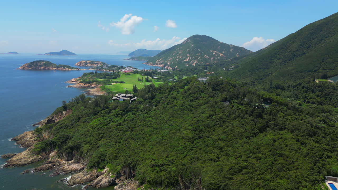 Cliffside Mansions Leading To Shek O Village Hong Kong Island Drone Track Forward 4K 60FPS