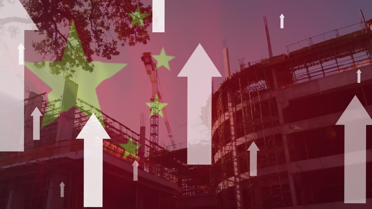 중국의 발과 도시 위의  화살표의 애니메이션