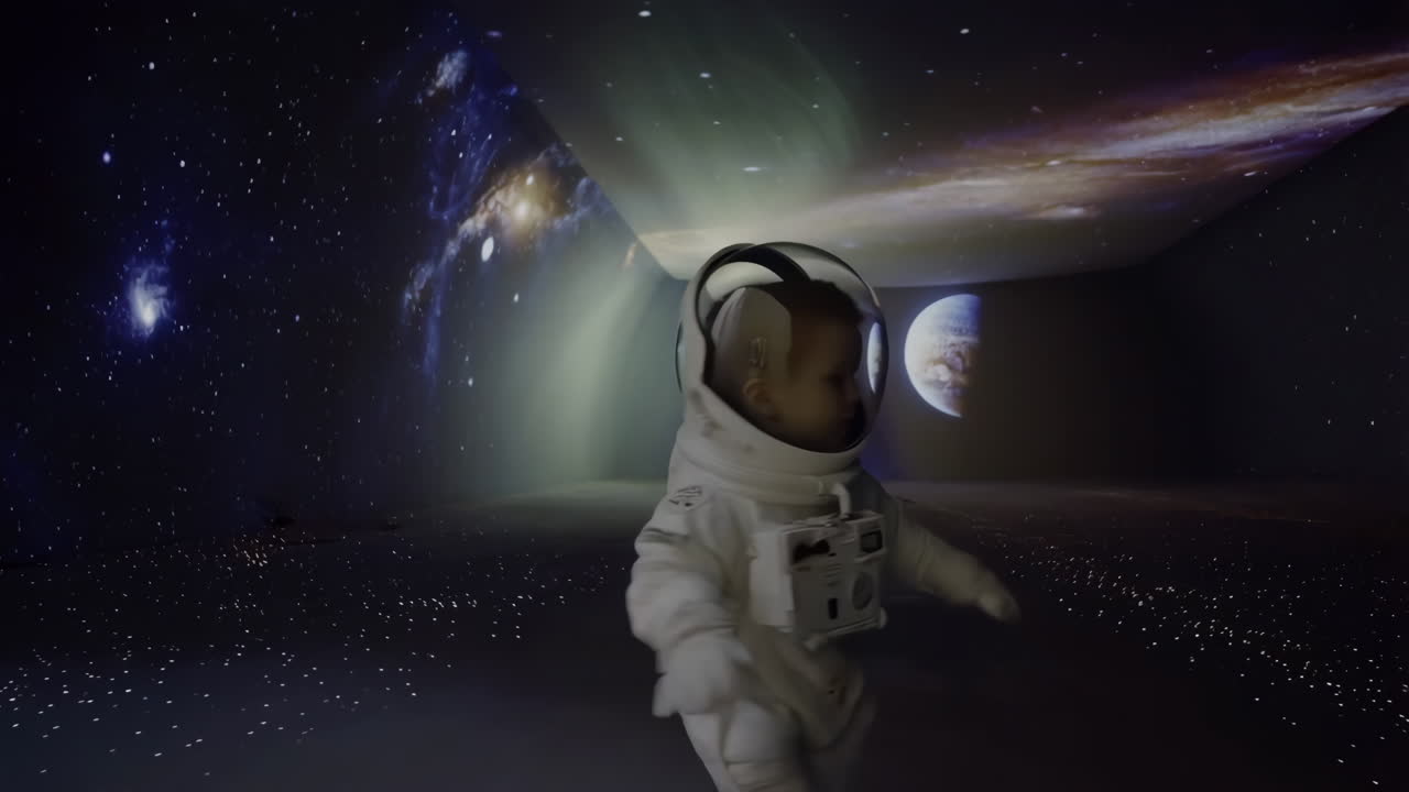 A child astronaut exploring an immersive cosmic environment