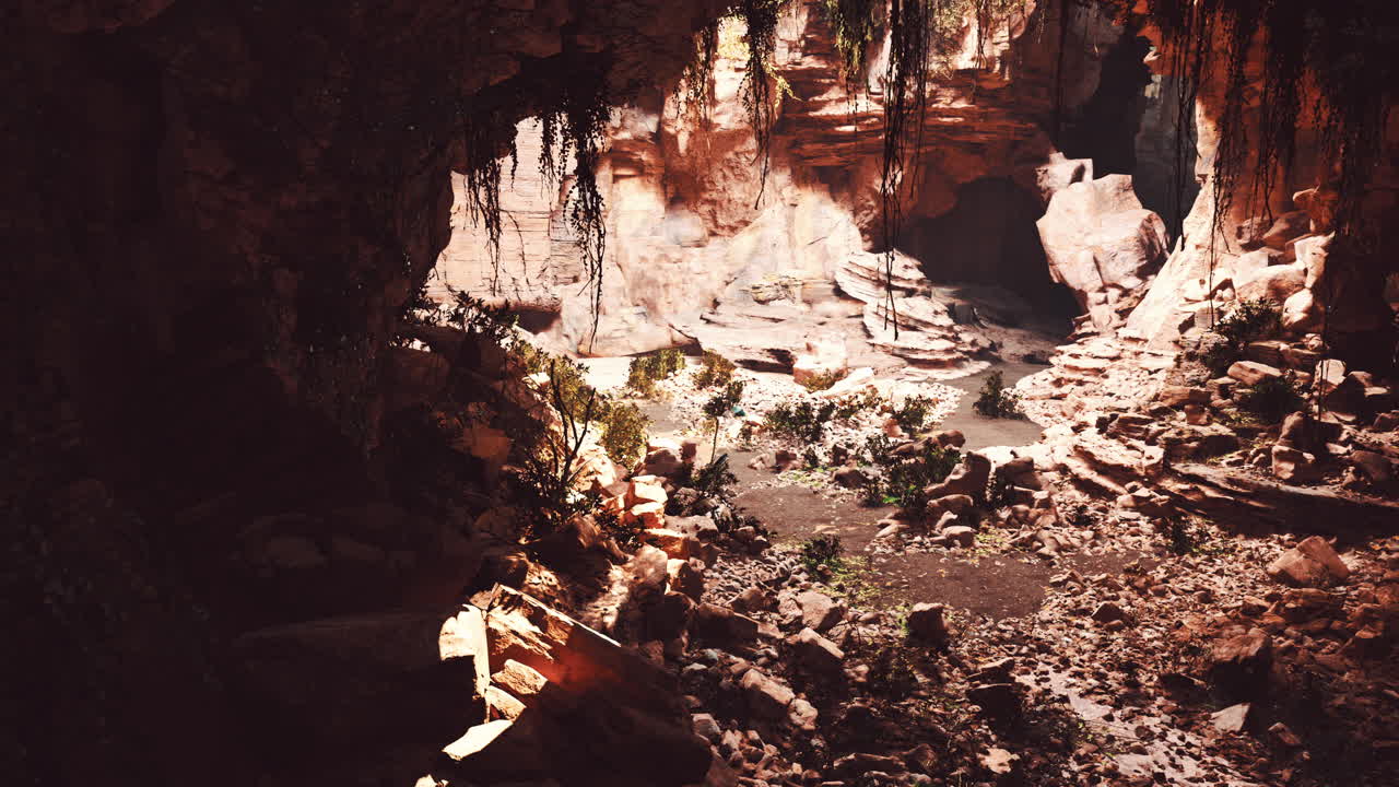 la vista del interior de la cueva de hadas cubierta de plantas verdes auto-iluminadas