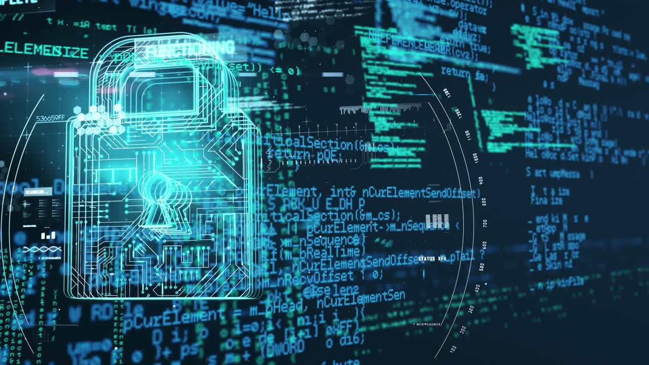 Animation of circuit board texture in padlock, abstract pattern over programming language