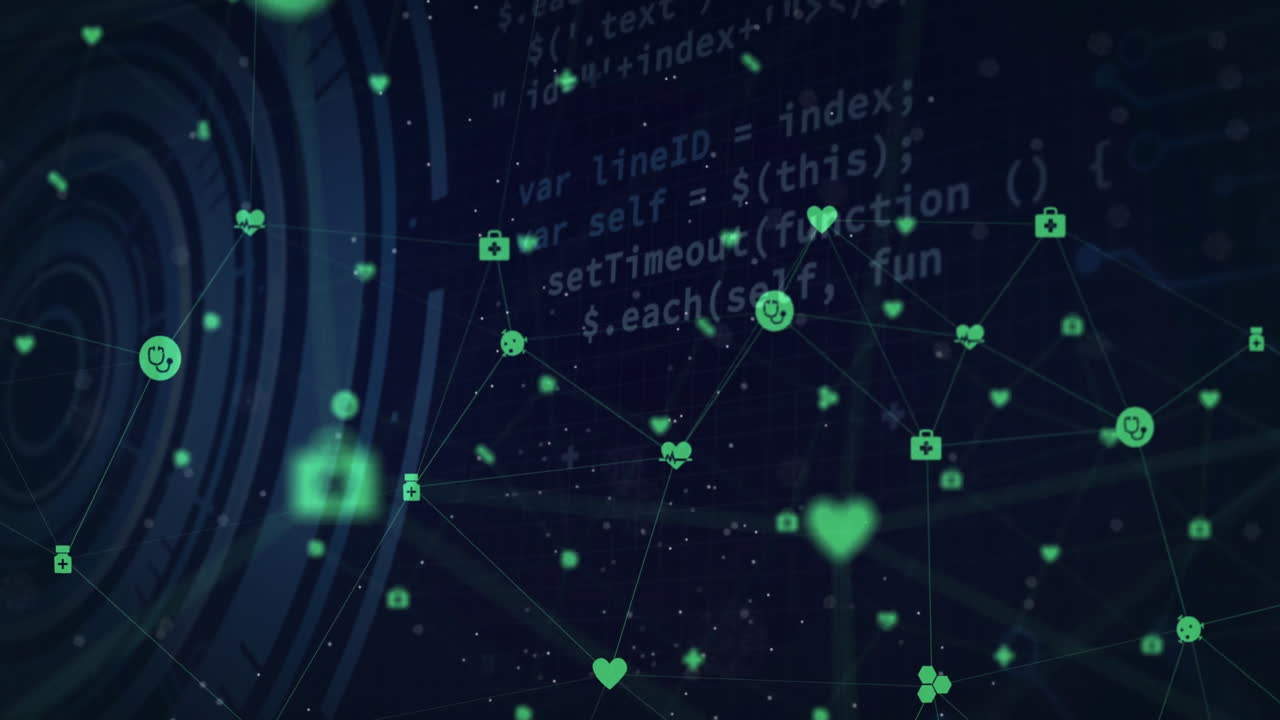 Social media icons and network connections animation over dark blue background