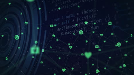 social media icons and network connections animation over dark blue background