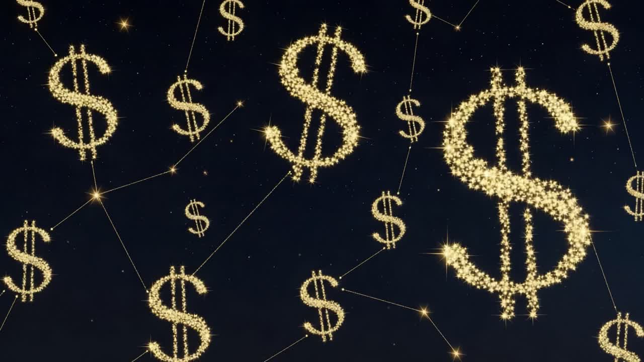A Stunning Display of Sparkling Dollar Signs Against a Night Sky, Symbolizing Wealth and Financial Prosperity in a Magical Atmosphere