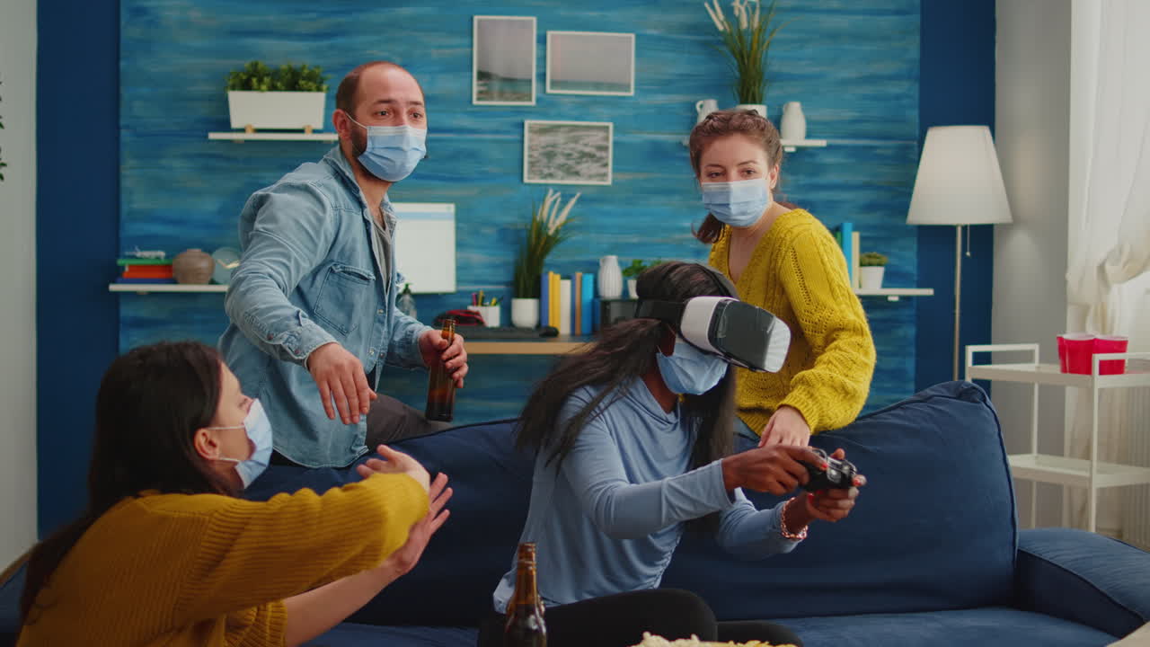 Mixed group of people guiding black woman with vr headset playing virtual video