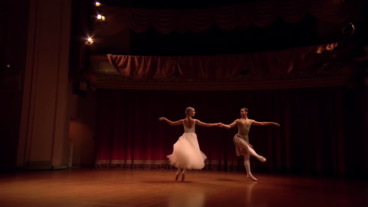 Two Dancers Performing Ballet on Stage