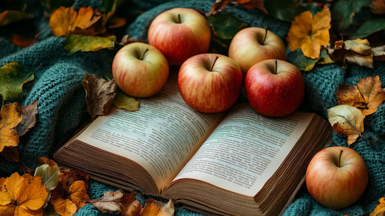 Apples and a book in autumn. Red apples and colorful leaves surround an open book on a cozy, textured surface, creating a warm autumn atmosphere