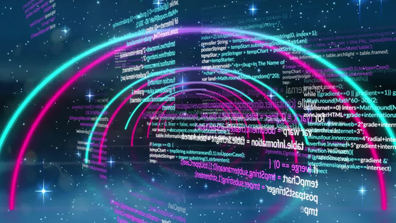 데이터 처리의 애니메이션과 검은색 배경의 네온 라인