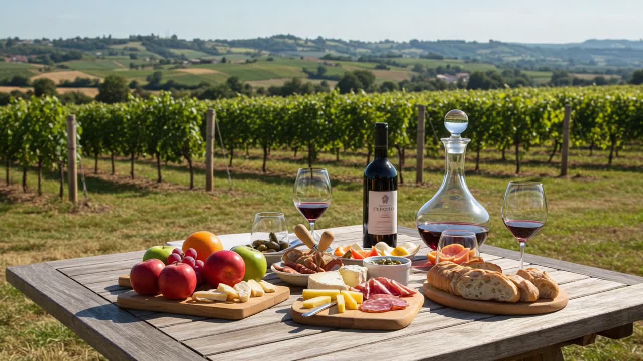 Un pittoresco rifugio in vigneto con una squisita selezione di cibo gourmet, frutta fresca, formaggi artigianali e ottimo vino rosso, il tutto immerso in una lussureggiante vegetazione.