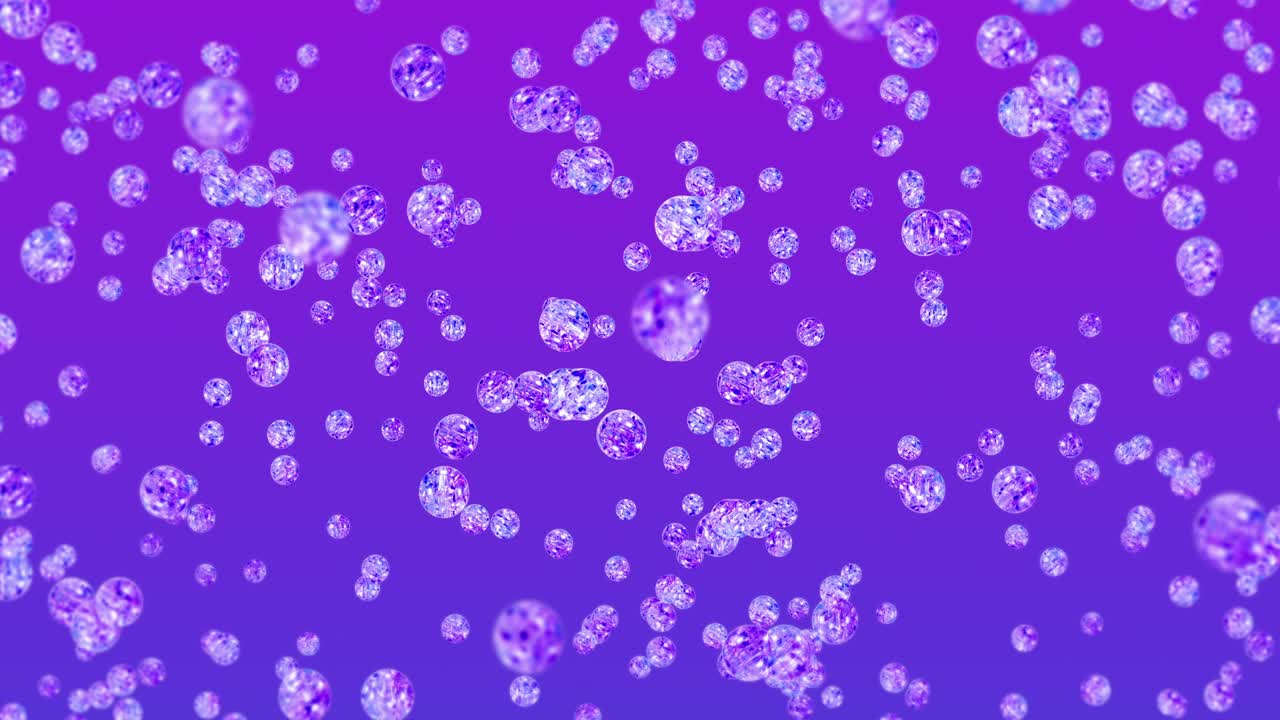 보라색 배경에 많은 은 크리스탈 구를 날아. 투명, 다채로운 유리. 반이는 공 회전의 3d 애니메이션. 루프 애니메이션.