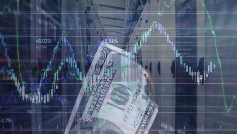 animación del procesamiento de datos y billetes de banco sobre la sala del servidor