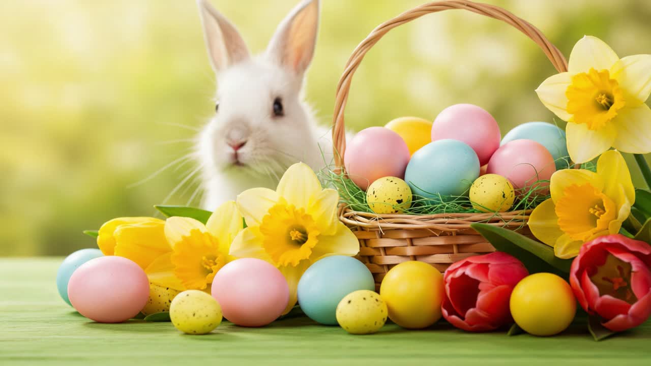 Uma linda cena de primavera com um coelho curioso entre ovos de Páscoa vibrantes e flores frescas, celebrando as alegrias da estação