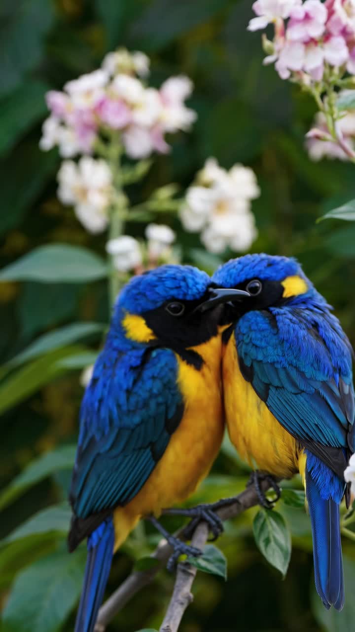 Close-up em vídeo de dois pássaros vibrantes, azuis e amarelos, empoleirados em um galho.