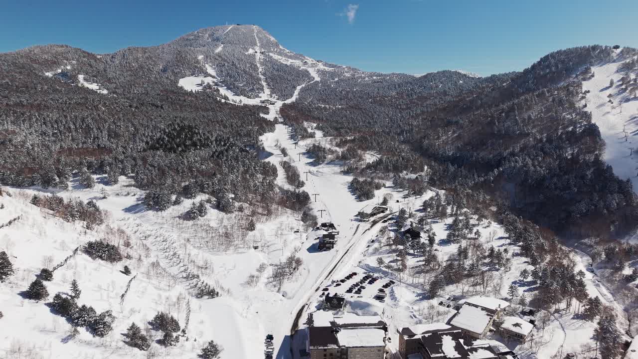 Sunny winter day at a ski resort showing snowy mountains, lifts, and forest