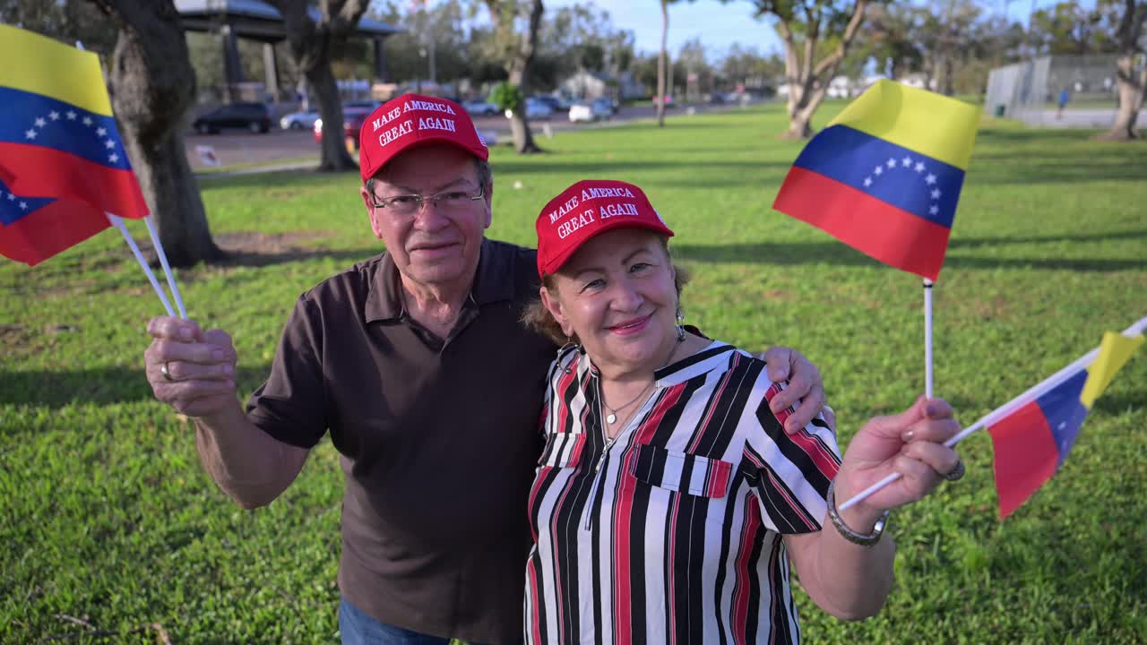 Venezuelan waving flag seniors cheer on the election of Donald Trump and MAGA