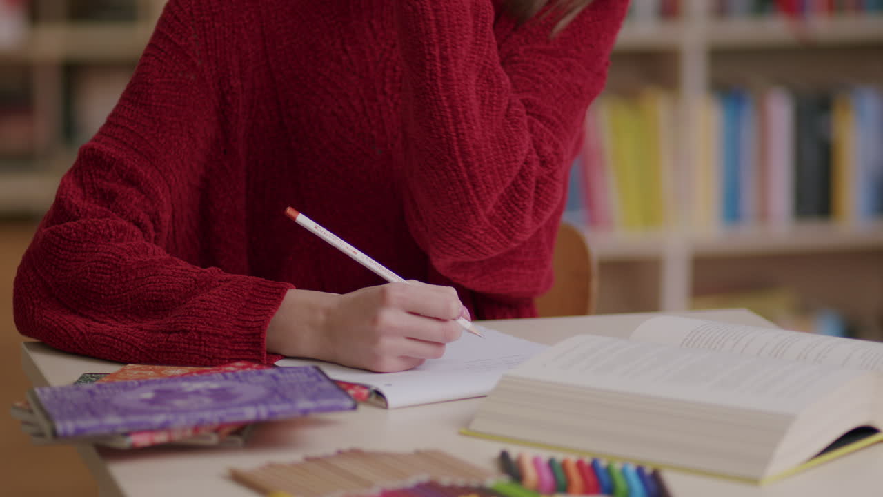 vista cercana de una chica irreconocible escribiendo y leyendo en la biblioteca