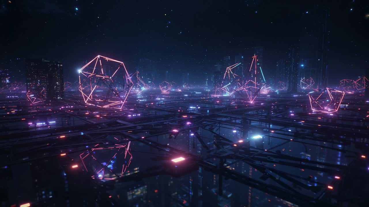 Opening wide view revealing glowing neon polyhedra rotating above circuit grid, pulsing modules