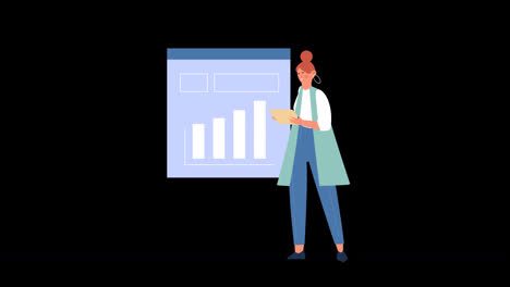 2d cartoon animation of a woman analyzing a chart