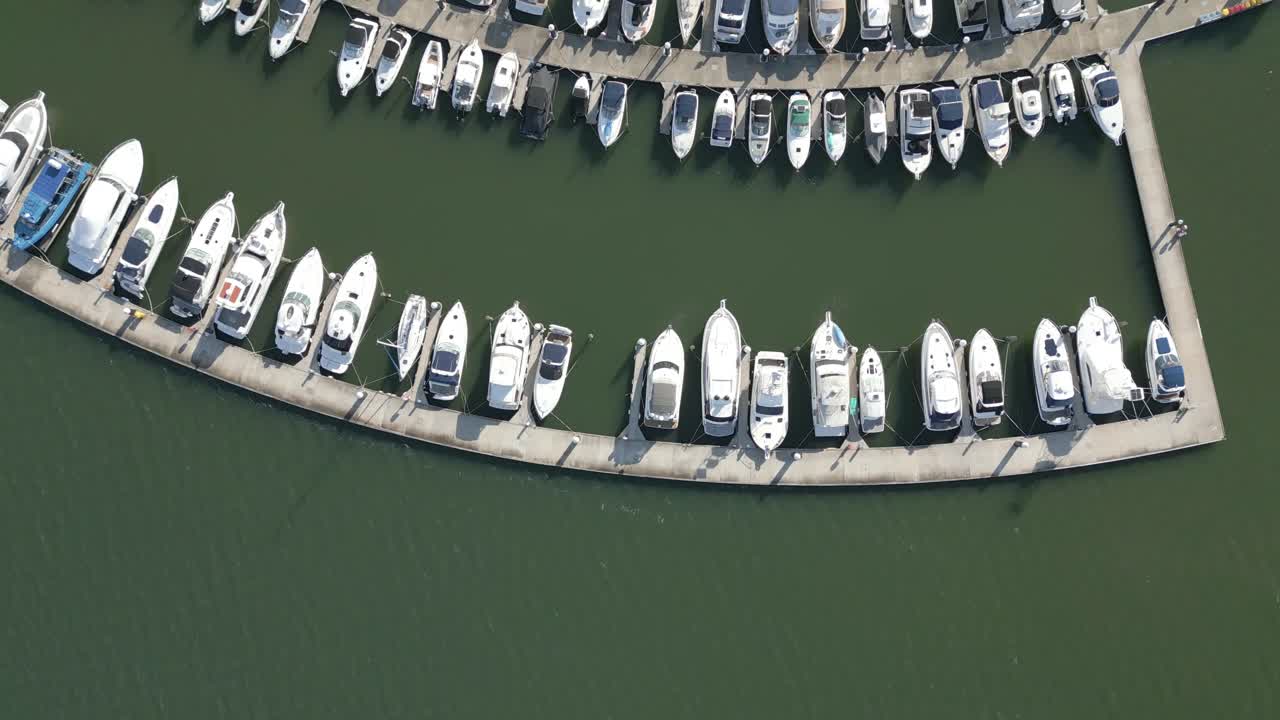 Top down aerial view of boats parking on the boathouse