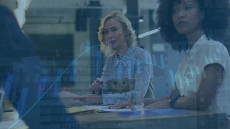animation of data processing and diagrams over diverse business people at meeting