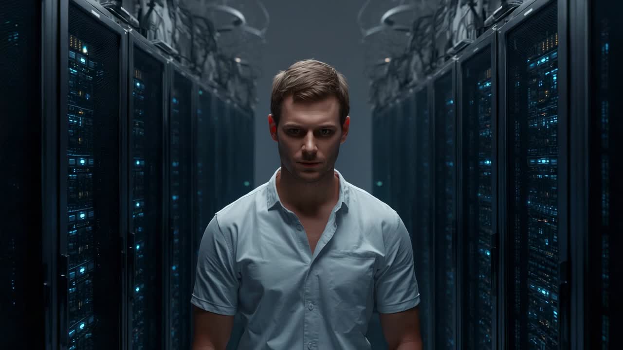 Entering data center corridor, IT pro walking to center and monitoring blinking server rack lights