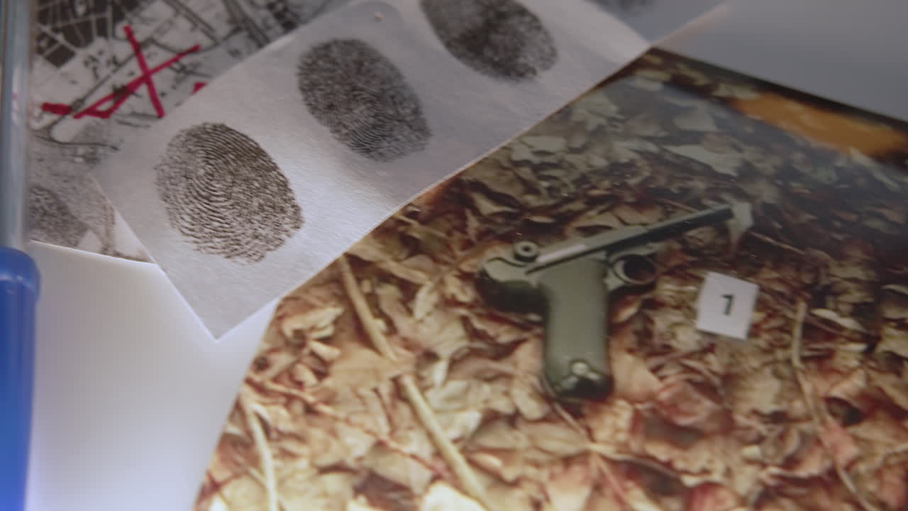 el movimiento de la cámara captura con maestría las imágenes de las pruebas de un caso criminal extendidas sobre una mesa