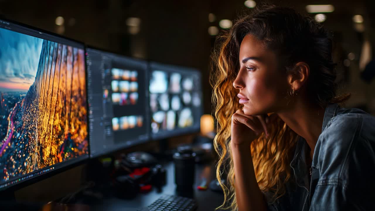 A Focused Artist Analyzing Digital Art on Computer While Surrounded by Vibrant Screens in a Dimly Lit Creative Studio, Capturing the Essence of Modern Technology and Passion for Art