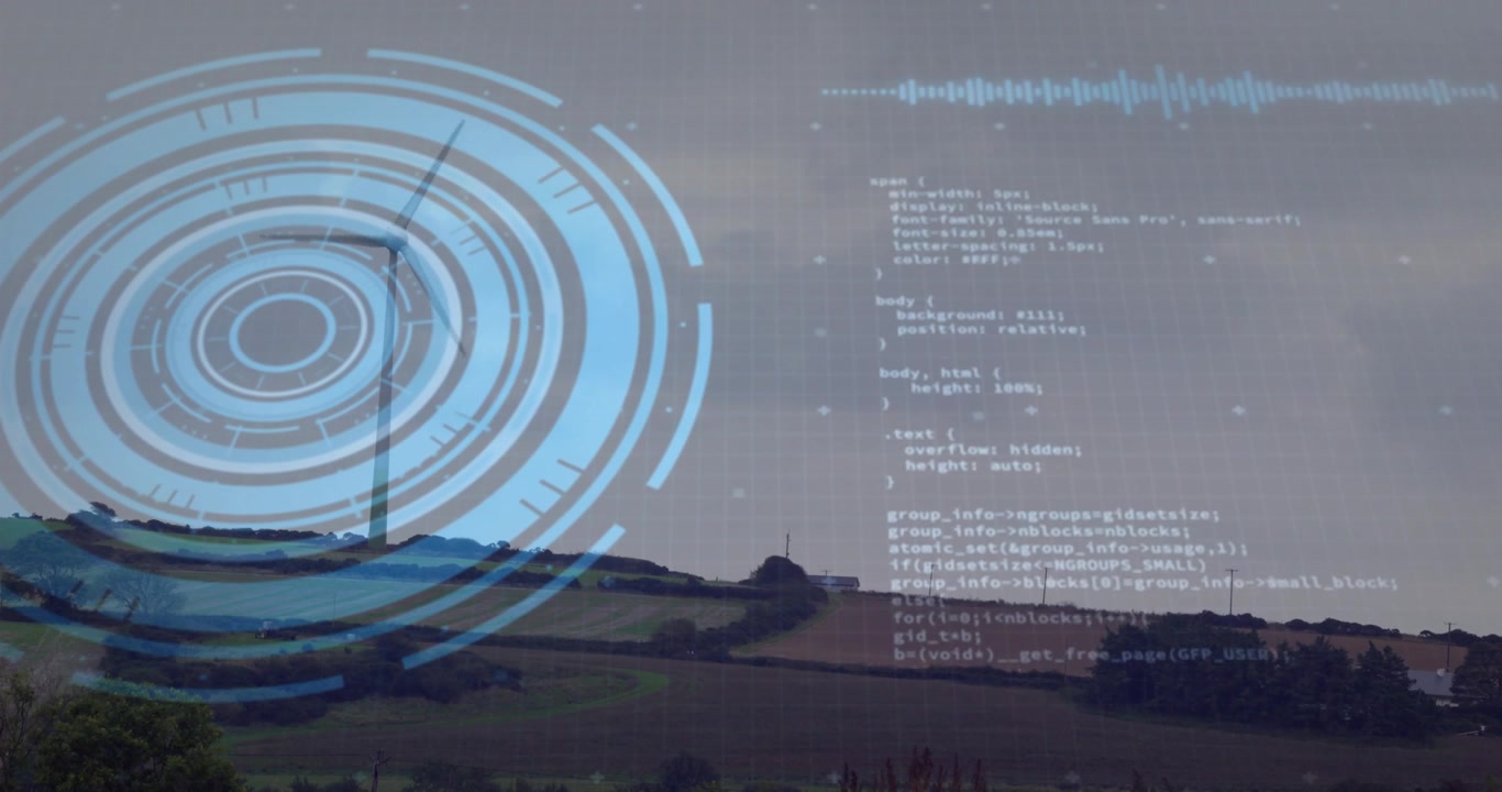 Rings fading in rotating around wind turbine while code streaming waveform pulsing showing data