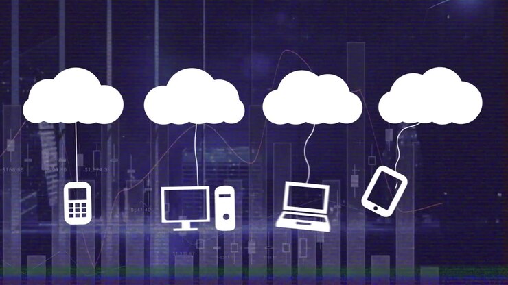Animation of clouds with icons over data processing