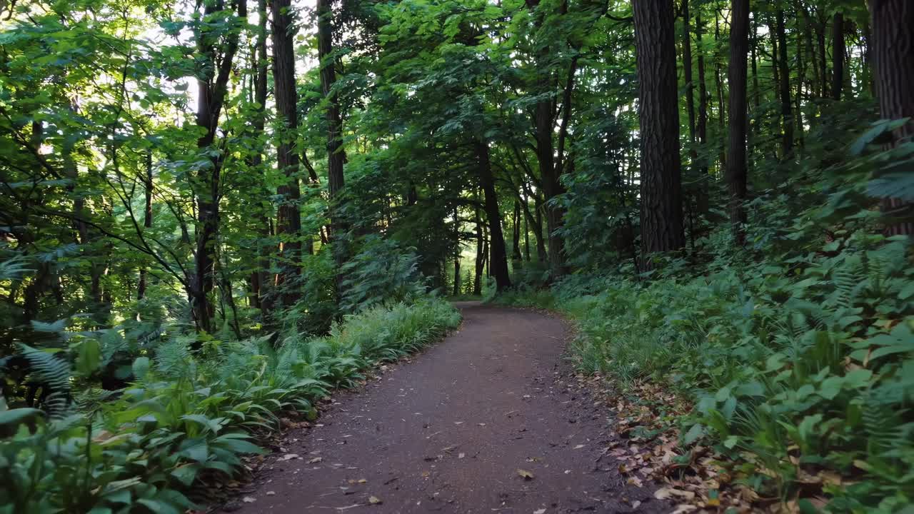 A serene forest path captured in a wide-angle video, showcasing lush greenery and a tranquil