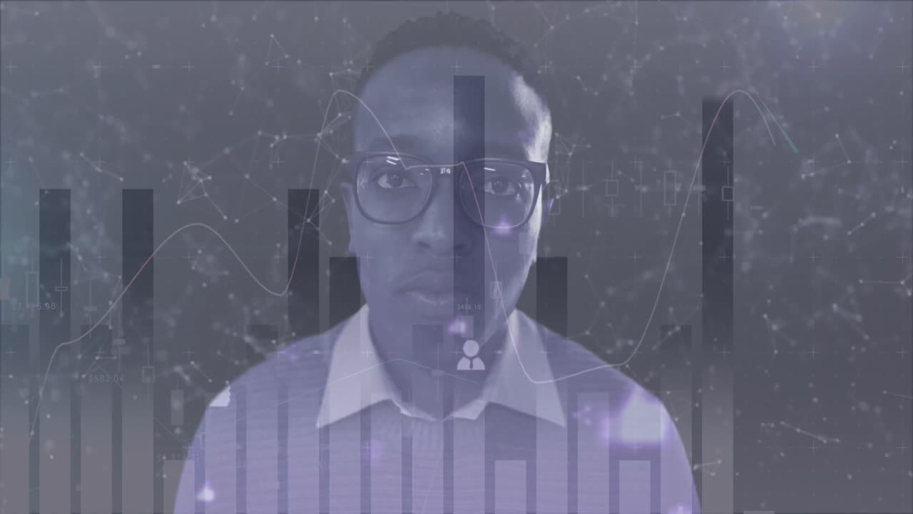 Statistical data processing over man in glasses against network of connections