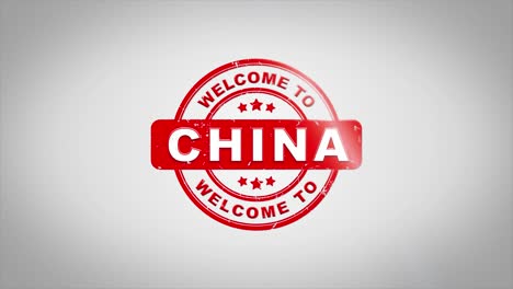 bienvenido a china firmado texto de estampado animación de sello de madera. tinta roja en papel blanco limpio fondo de superficie con fondo matte verde incluido.
