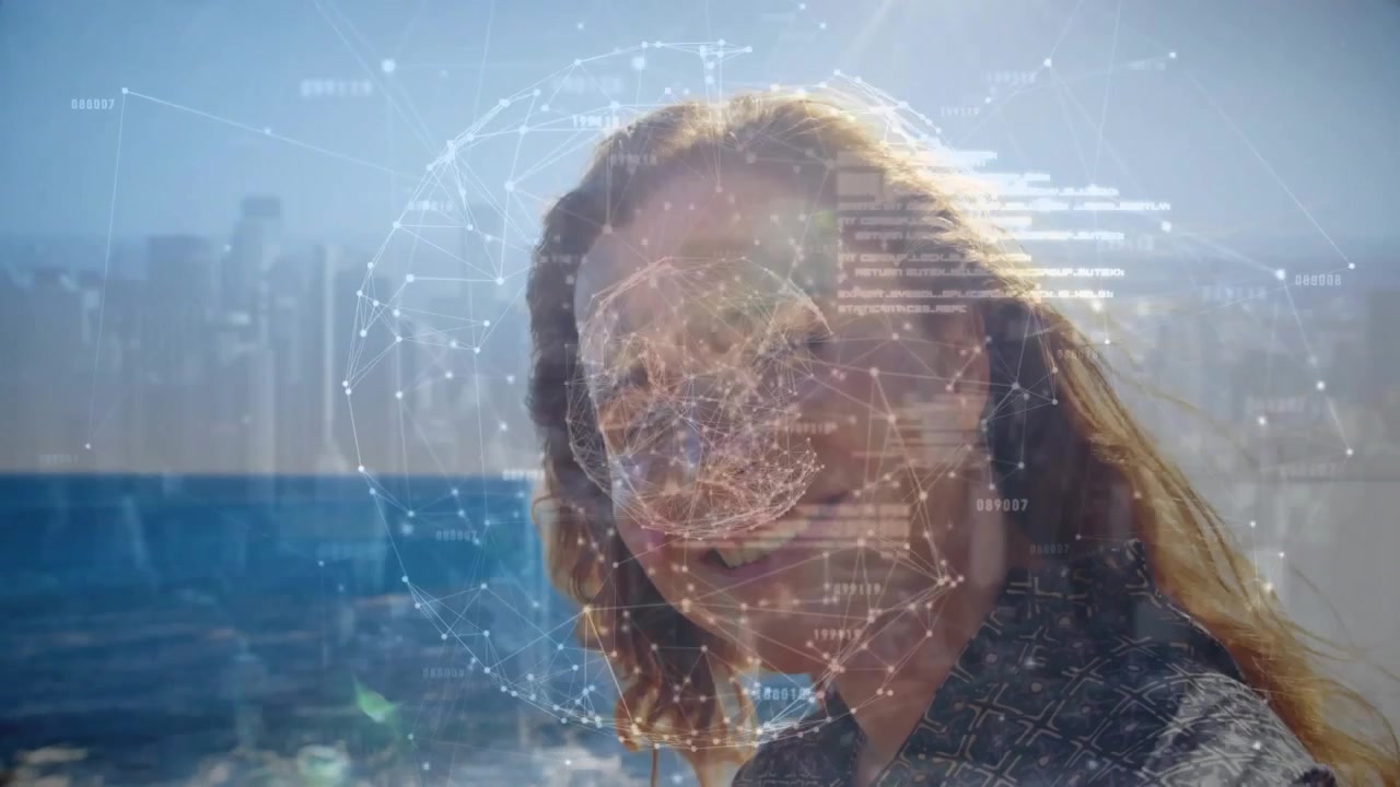 Overlay appearing, smiling woman tilting head and gazing at shore, patterned top, digital globe