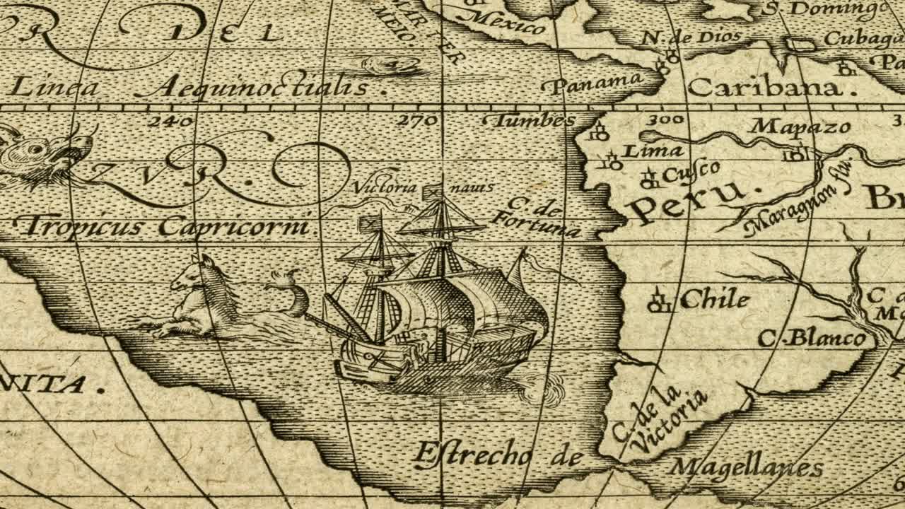 mapa antiguo de américa del sur con el estrecho de magallanes, alrededor de 1500