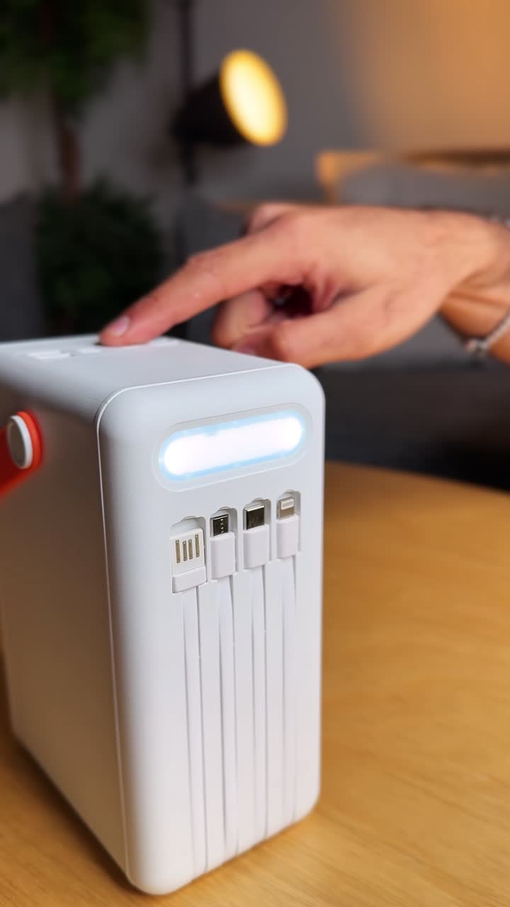 Close-up of a hand pressing the power button on a white portable power station with built-in cables and LED glow. Clean indoor look for tech, travel, backup power, and productivity