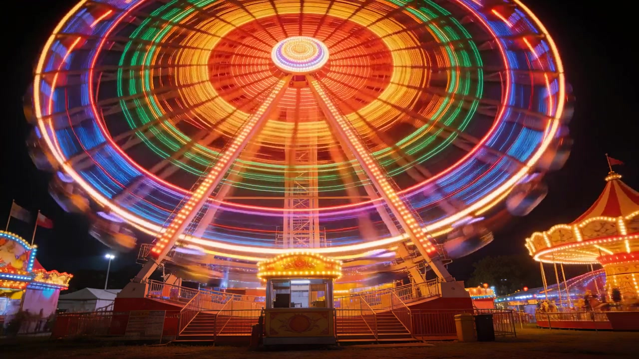 Spinning lit carnival wheel running on motor, creating colorful light rings at night for fun