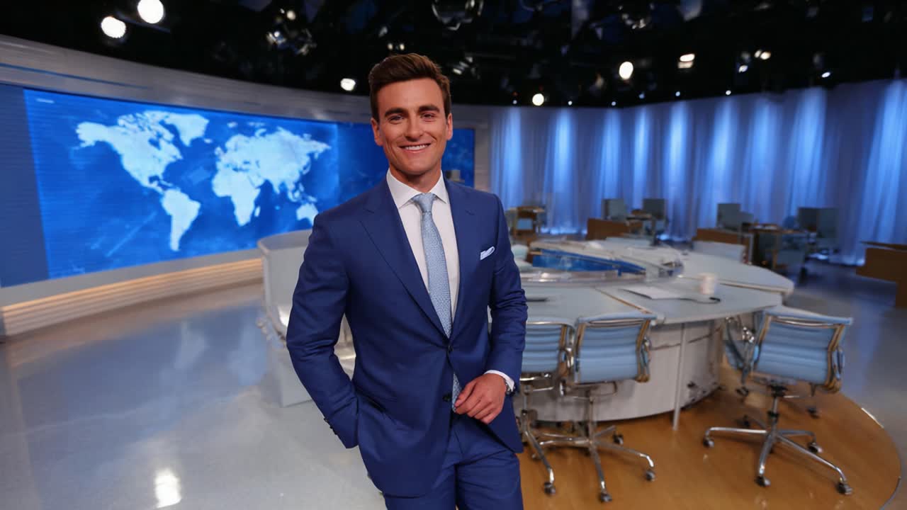 A Confident News Anchor in a Blue Suit Presents the Latest Updates in a Modern Studio Setting, with a World Map Displaying on the Background Screen