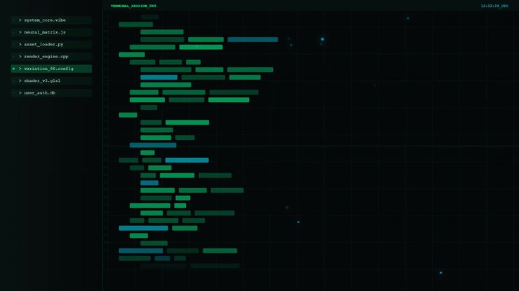 Abstraktes digitales Interface mit animierten Datenbalken und schwebenden Partikeln