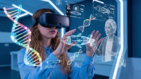 innovative exploration of virtual reality: a young woman engages with interactive dna models, scientific data visualizations, and augmented persona in a futuristic laboratory setting