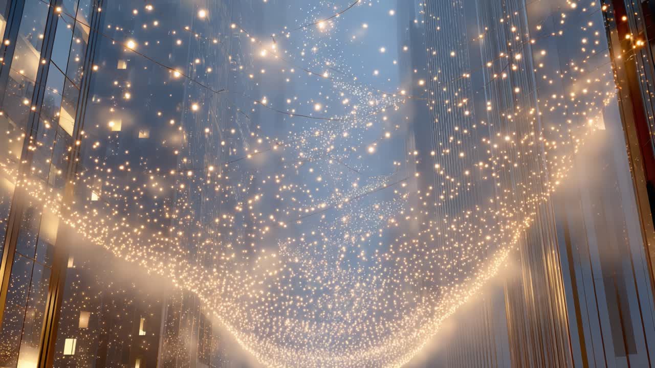 An Enchanting Canopy of Lights Draped Above in a Urban Environment, Creating a Magical Atmosphere with Sparkling Brightness and Ethereal Glow Enhancing the Evening Experience
