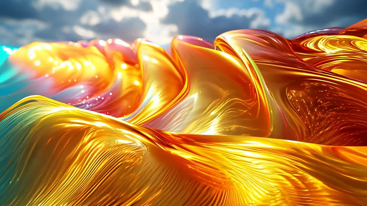 A colorful, swirling line of glass with a bright orange and blue stripe. The line is filled with glitter and he is a part of a larger, more complex design